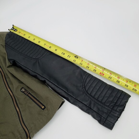 Aqua Bloomingdales Moto Jacket Size S Black Faux Leather Sleeves Army Green - Picture 7 of 8
